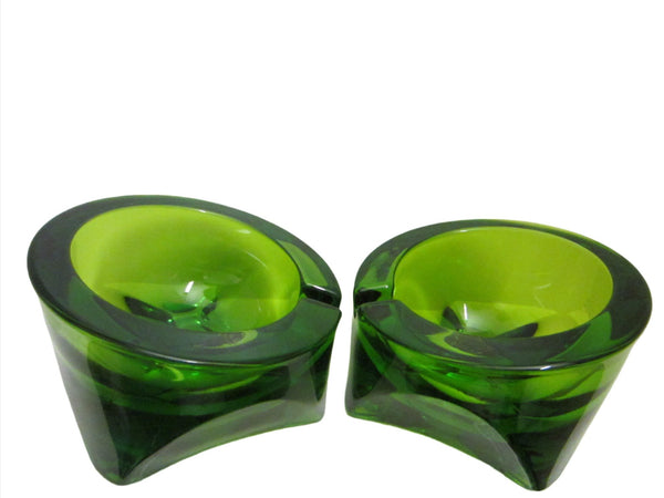 Emerald Green Pair Geometric Glass Mid Century Modern Ashtrays  - Designer Unique Finds  - 1