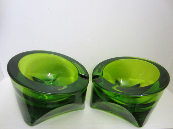 Emerald Green Pair Geometric Glass Mid Century Modern Ashtrays  - Designer Unique Finds  - 1