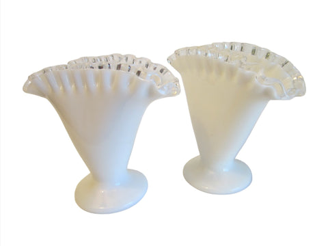 Fenton Milk Glass Silver Sheen Crests Ruffled Fan Vases - Designer Unique Finds 