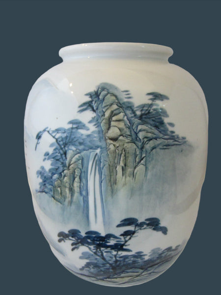 Blue White Baluster Signed Porcelain Vase Japanese Mountain Waterfalls - Designer Unique Finds 