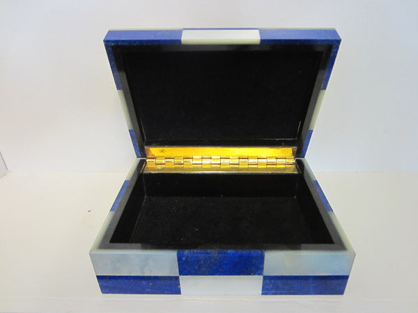 Lapis Lazuli Jewelry Box Mother Of Pearl Intarsia Brass Hinged Onyx Border - Designer Unique Finds 
 - 2