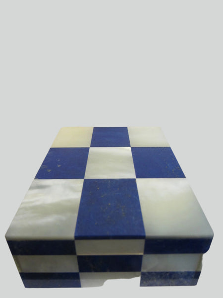 Lapis Lazuli Intarsia Mother of Pearl Hinged Black Onyx Border Jewelry Box