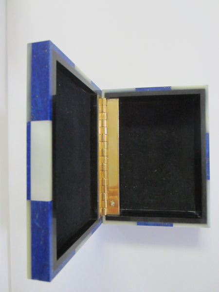 Lapis Lazuli Jewelry Box Mother Of Pearl Intarsia Brass Hinged Onyx Border - Designer Unique Finds 
 - 5