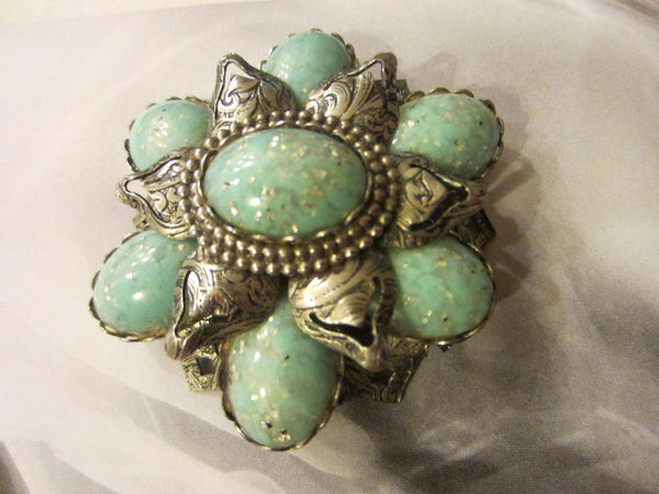 Statement Blue Jelly Stone Brooch Silver Flake Cabochons