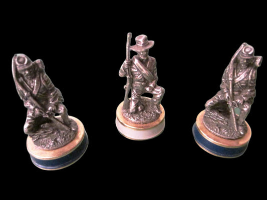 Three Pewter Miniature Figures Enameled Stands Symbolic Marks - Designer Unique Finds 