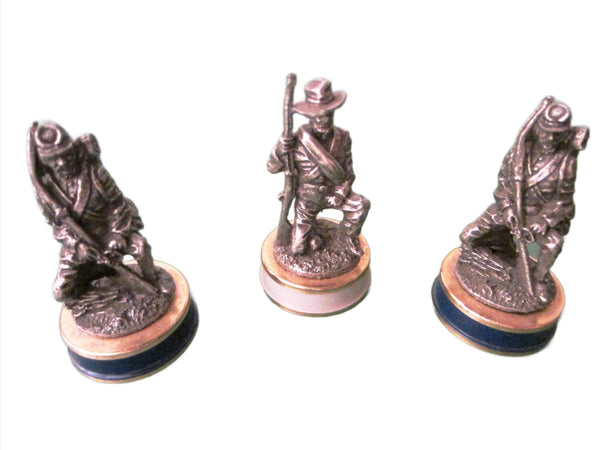 Three Pewter Miniature Figures Enameled Stands Symbolic Marks - Designer Unique Finds 