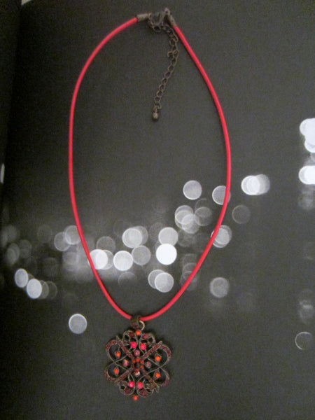 Coppertone Red Necklace Openwork Coral Filigree Flower - Designer Unique Finds 
