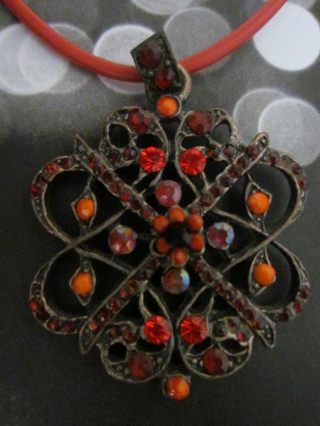 Coppertone Red Necklace Openwork Coral Filigree Flower - Designer Unique Finds 