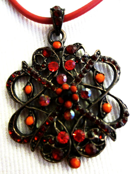 Coppertone Red Necklace Openwork Coral Filigree Flower - Designer Unique Finds 