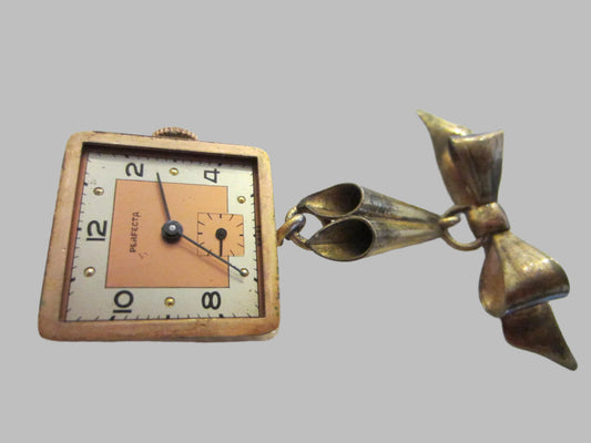Perfecta Swiss Lapel Watch Brooch Bow Bar Pink Dial Rose Gold - Designer Unique Finds 
 - 1