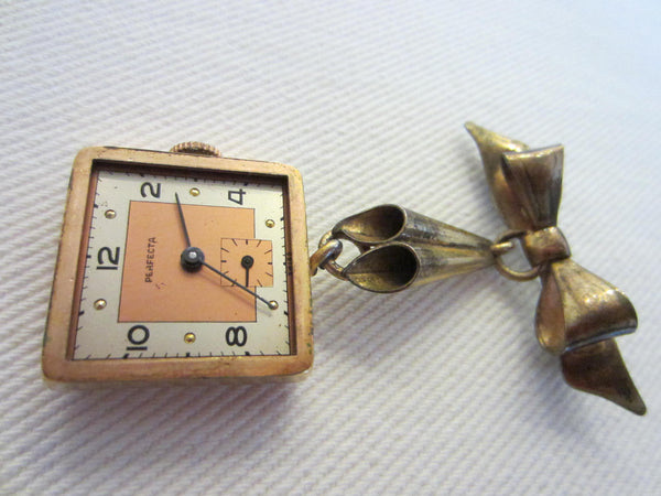 Perfecta Swiss Lapel Watch Brooch Bow Bar Pink Dial Rose Gold - Designer Unique Finds 
 - 1