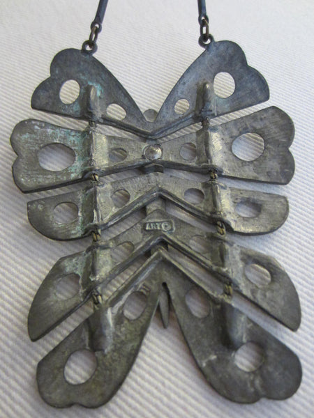 Necklace Pewter Butterfly Signed Art Primitive Geometric Design - Designer Unique Finds 