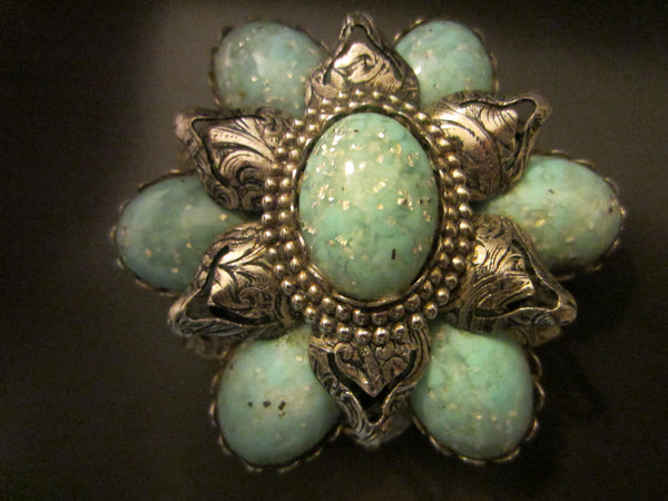 Turquoise Statement Brooch Blue Jelly Silver Flake Cabochons - Designer Unique Finds 
 - 3