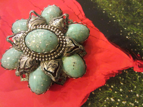 Turquoise Statement Brooch Blue Jelly Silver Flake Cabochons - Designer Unique Finds 
 - 4