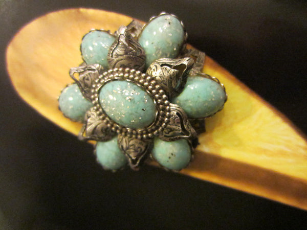Turquoise Statement Brooch Blue Jelly Silver Flake Cabochons - Designer Unique Finds 
 - 1