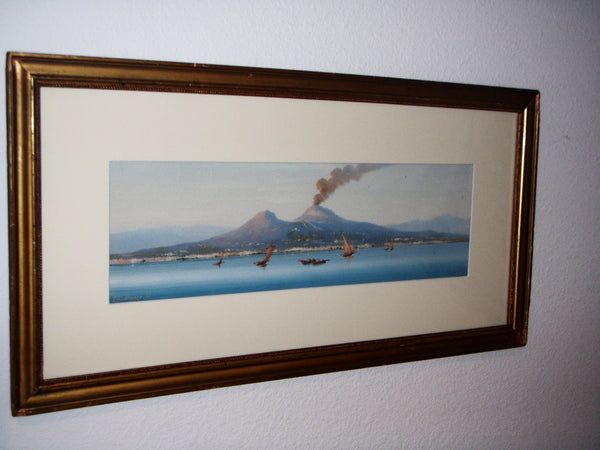 Seascape Corelli Watercolor Gouache Mount Vesuvius Capri Volcano - Designer Unique Finds 