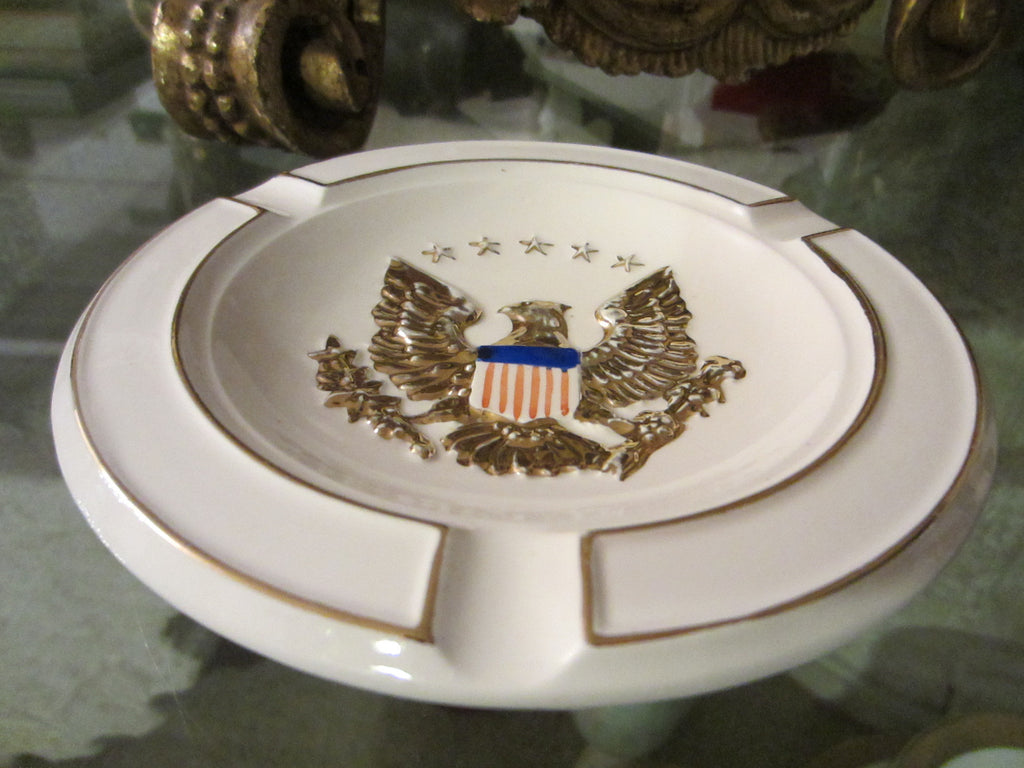 Eagle Crest Majolica Ashtray Porcelain Decorated Gold Patriot Stars Stripes - Designer Unique Finds 
 - 1
