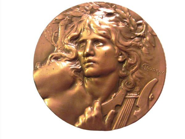 C Loudray Bronze Medal The Lute Player Portrait Wreath