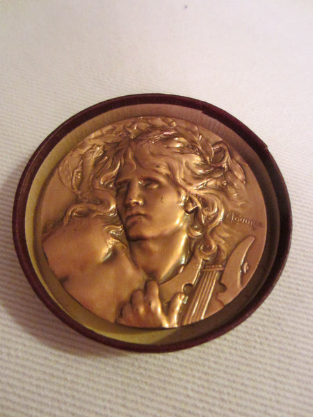 C Loudray Bronze Medal The Lute Player Portrait Wreath