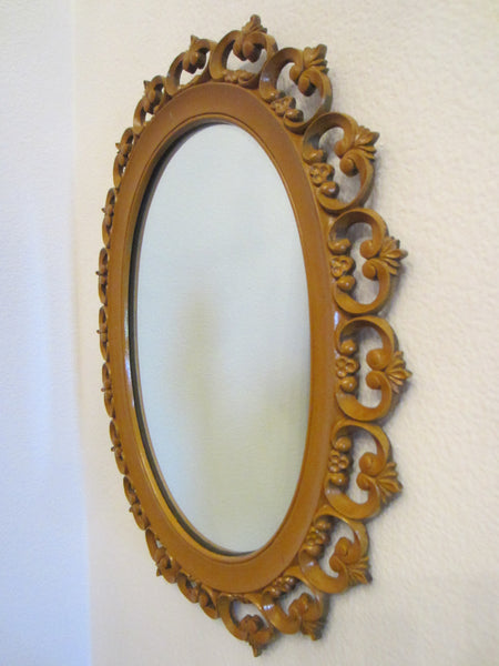Syroco Wood Mid Century Oval Mirror Open Work Scrolled Decoration - Designer Unique Finds 
 - 3
