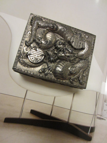 Japanese Phoenix Dragon High Relief Calligraphy Silver Humidor Box