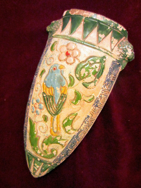 Japanese Hand Painted Accentuated Majolica Bird Floral Wall Pocket