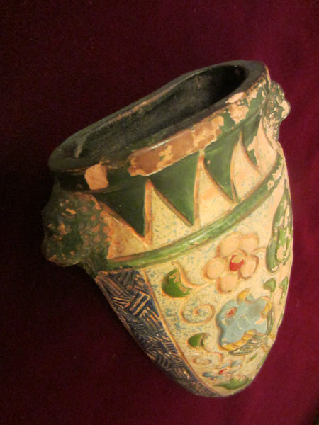 Japan Ceramic Wall Pocket Hand Painted Majolica Bird Flowers - Designer Unique Finds 