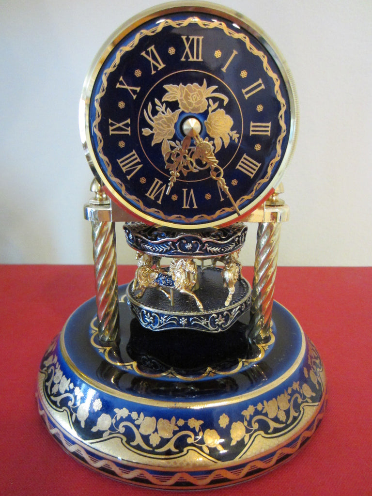 Cobalt Porcelain Brass Horses Anniversary Carousel Clock Glass Dome - Designer Unique Finds 