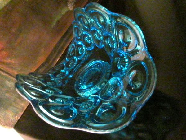 Le Smith Blue Glass Pedestal Boat Bowl Stars And Moon - Designer Unique Finds 