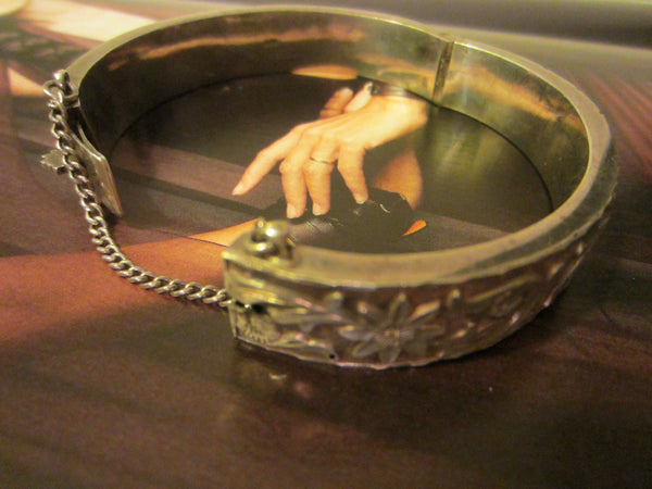 Sterling Bangle Bracelet Floral Etching Signed - Designer Unique Finds 
 - 2