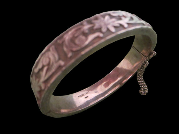 Sterling Bangle Bracelet Floral Etching Signed - Designer Unique Finds 
 - 1