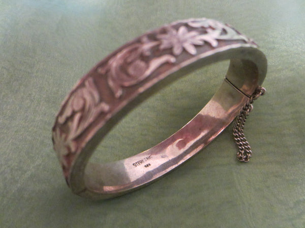 Sterling Bangle Bracelet Floral Etching Signed - Designer Unique Finds 
 - 1