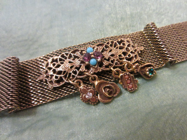 Brass Mesh Choker Necklace Decorated Turquoise Amethyst Coral Charms - Designer Unique Finds 
 - 3