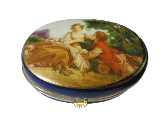 Attribute F Boucher Rococo Romantic Signed Porcelain Oval Silver Box
