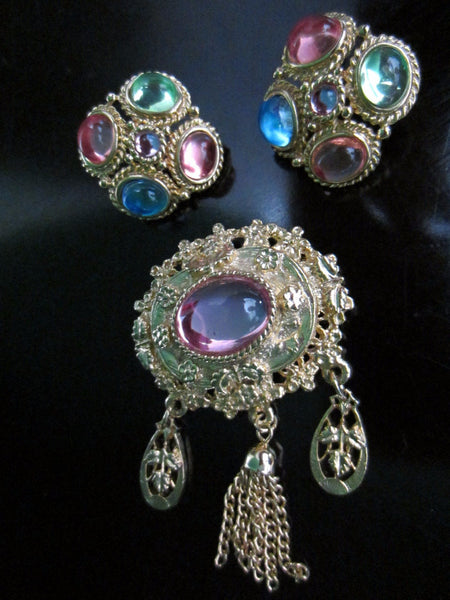 Modern Brooch Earrings Cabochon Colored Brass Set - Designer Unique Finds 
 - 1