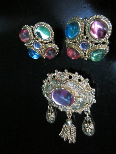 Modern Brooch Earrings Cabochon Colored Brass Set - Designer Unique Finds 
 - 3