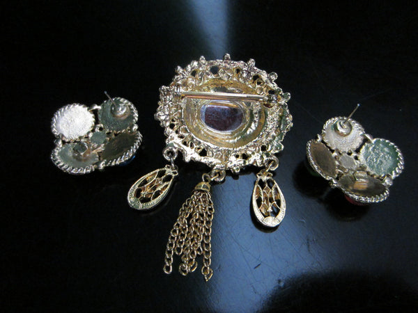 Modern Brooch Earrings Cabochon Colored Brass Set - Designer Unique Finds 
 - 4
