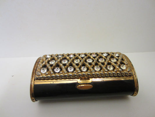 Black Enameled Mid Century Metal Rhinestones Cased Compact - Designer Unique Finds 
 - 1