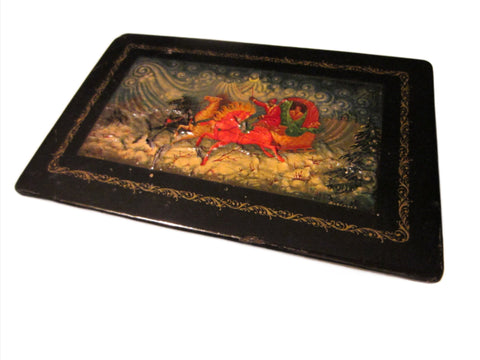 Russian Black Lacquer Box Hand Painted Decorated Signed The Troika School of Kholui - Designer Unique Finds  - 1