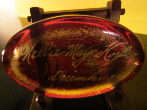 Glass Oval Paperweight Inscribed In Etch Dated 1906 - Designer Unique Finds 