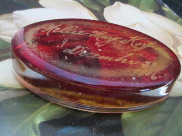 Glass Oval Paperweight Inscribed In Etch Dated 1906 - Designer Unique Finds 
