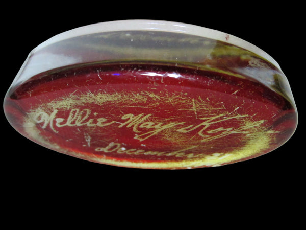 Glass Oval Paperweight Inscribed In Etch Dated 1906 - Designer Unique Finds 