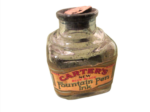 Art Deco Carters New Blue Black Fountain Pen Glass Ink Bottle Cork Cap - Designer Unique Finds 