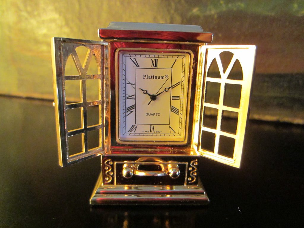 Platinum Miniature Brass Armoire Quartz Clock Japan Movement - Designer Unique Finds 