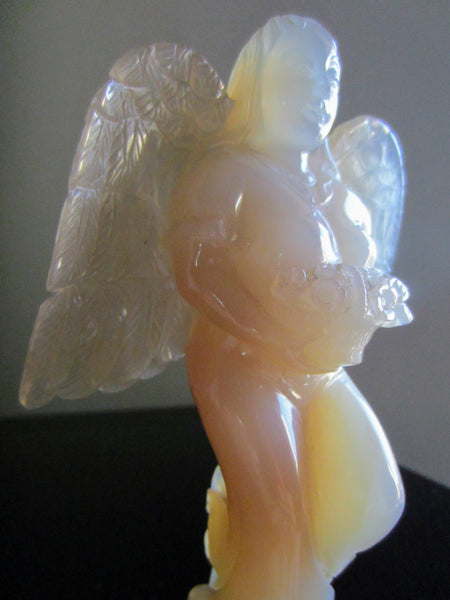 Folk Art Hand Carved Agate Winged Angel Statue