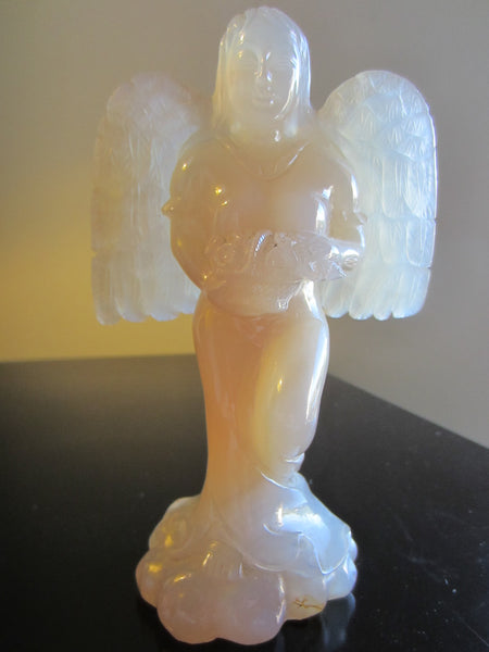 Folk Art Hand Carved Agate Winged Angel Statue