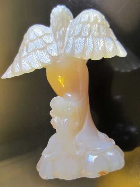 Folk Art Hand Carved Agate Winged Angel Statue