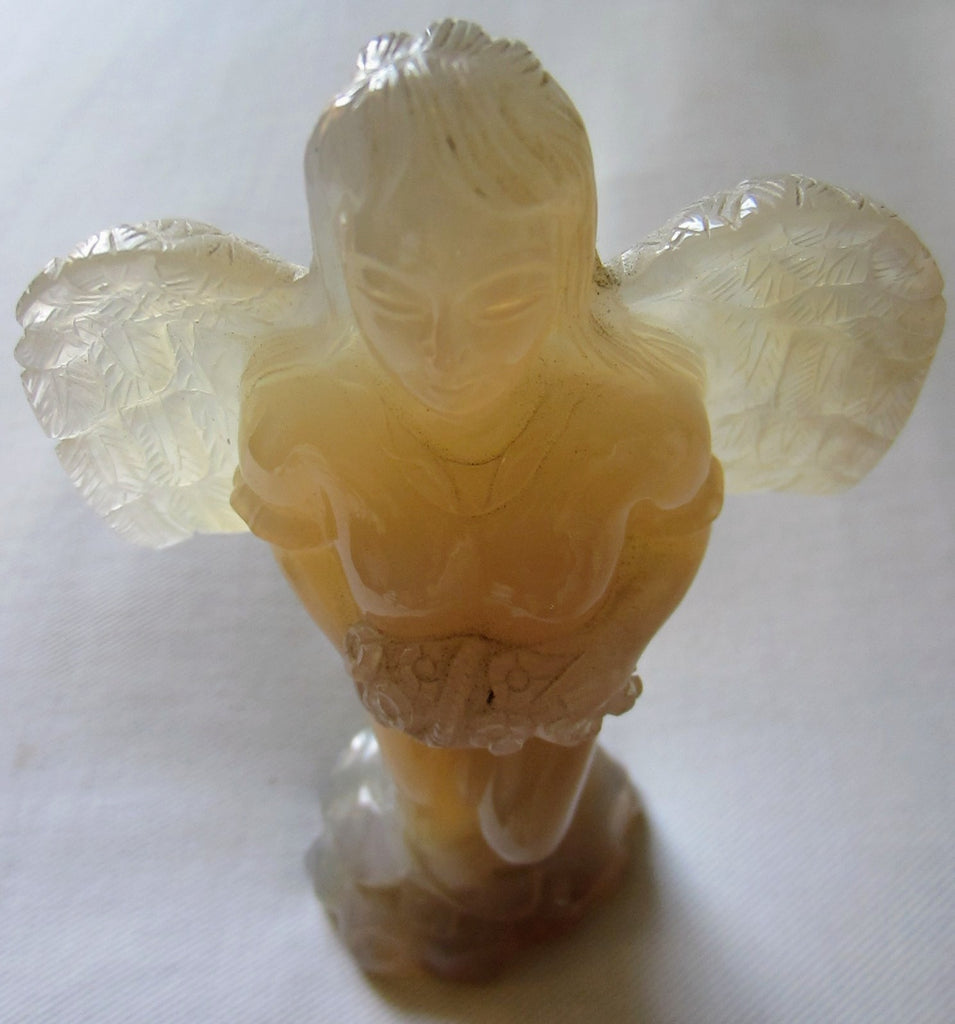 Folk Art Hand Carved Agate Winged Angel Statue 
