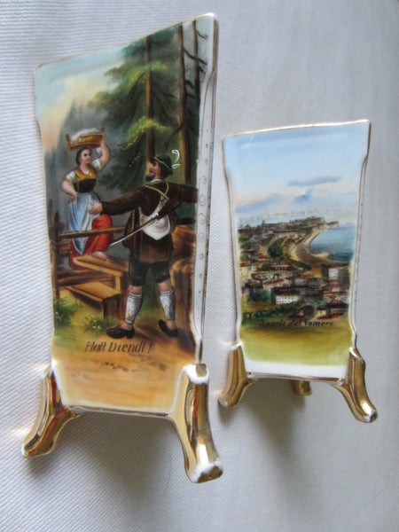 Panoramic Naples Italy Porcelain Vases Hand Painted Gilt Footed Scripted - Designer Unique Finds 