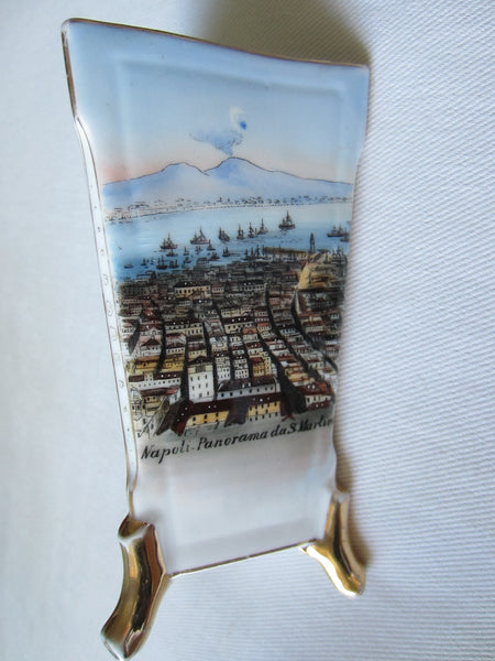 Panoramic Naples Italy Porcelain Vases Hand Painted Gilt Footed Scripted - Designer Unique Finds 